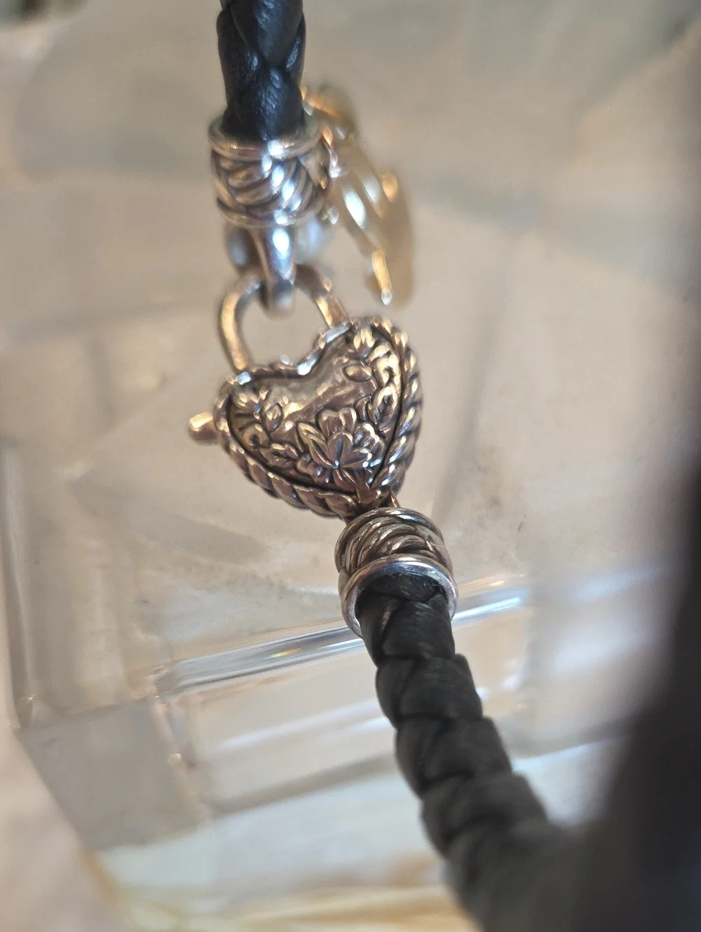 QVC JAI Sterling Silver Black Braided Leather Bracelet w/Pink & Pearl CC Charm